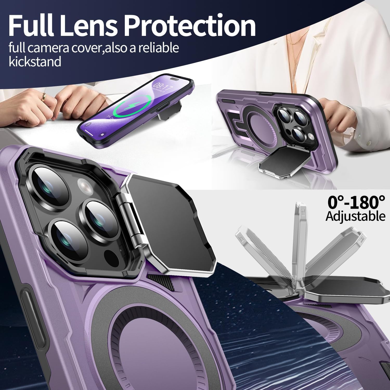 Camera Stand Case for iPhone 15 Pro Max, [Compatible with Mag Safe] [Lens Cover] 2024 Version Military Grade Protective Soft Case for iPhone 15 Pro Max 6.7 inch Men Women, Purple