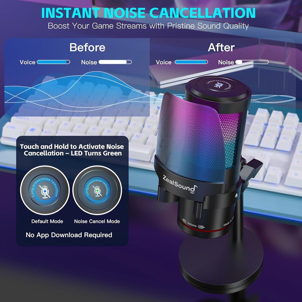 ZealSound Gaming USB Microphone,Noise Cancellation Condenser mic with RGB Light,Touch Mute,Gain,Monitoring for Streaming, Podcast, Twitch, YouTube, Discord, iPhone, iPad,PC,Computer,PS4,PS5,Mac