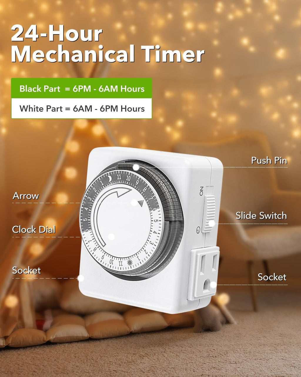 HBN Outlet Timer for Electrical Outlets Indoor, 24 Hour Mechanical Light Timers for Lamps, Dual 3-Prong Plug-in Outlets, 15-Minute Intervals, Heavy Duty Daily Cycle, 1 Pack