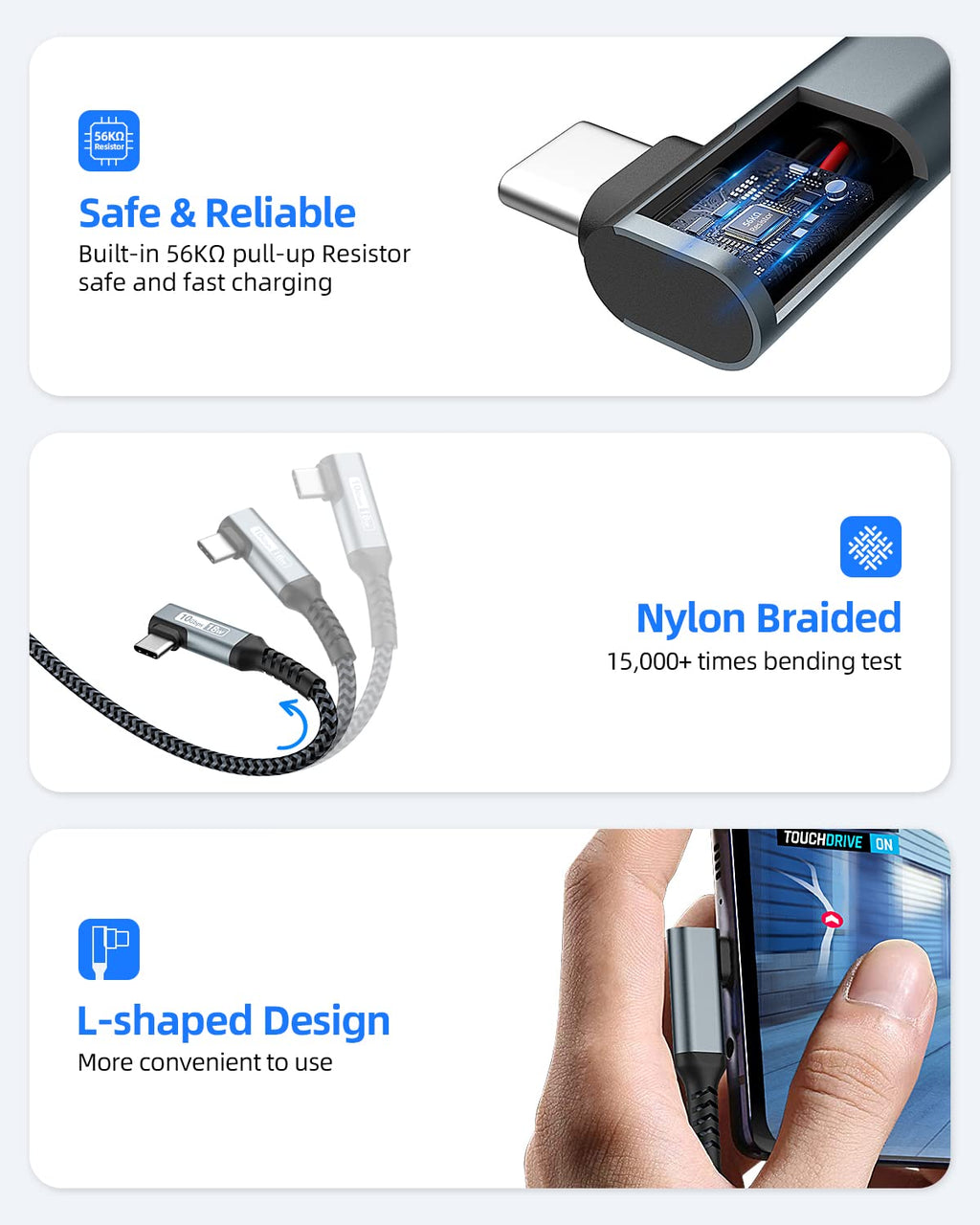 SUNGUY USB C Android Auto Cable 5FT, 3A USB C 3.1 Gen 2 to USB Cable 10Gbps Data Transfer, Right Angle USB to Type C Fast Charging for iPhone 16/15 Series, Samsung Galaxy S24/S23, Pixel