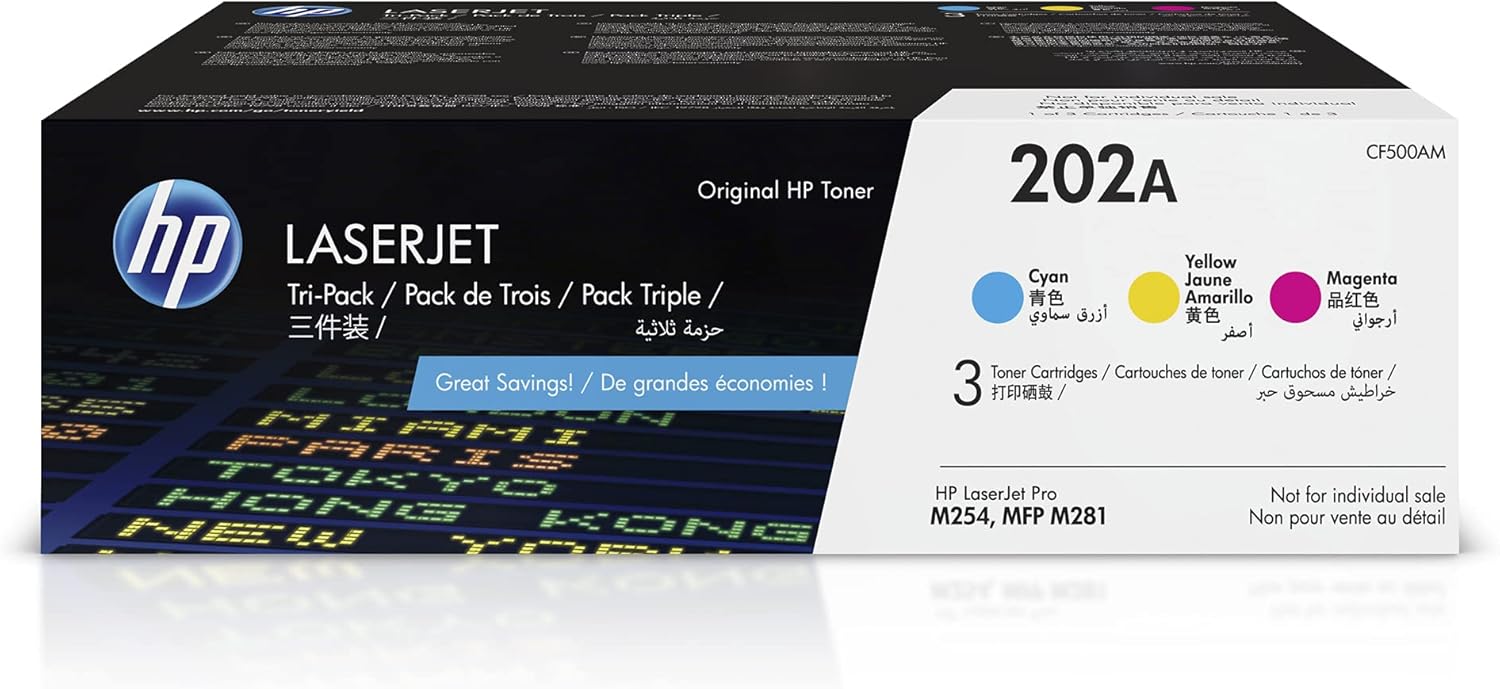 HP 202A Cyan, Magenta, Yellow Toner Cartridges (3 Pack) | Works with HP Color LaserJet Pro M254, HP Color LaserJet Pro MFP M281 Series | CF500AM