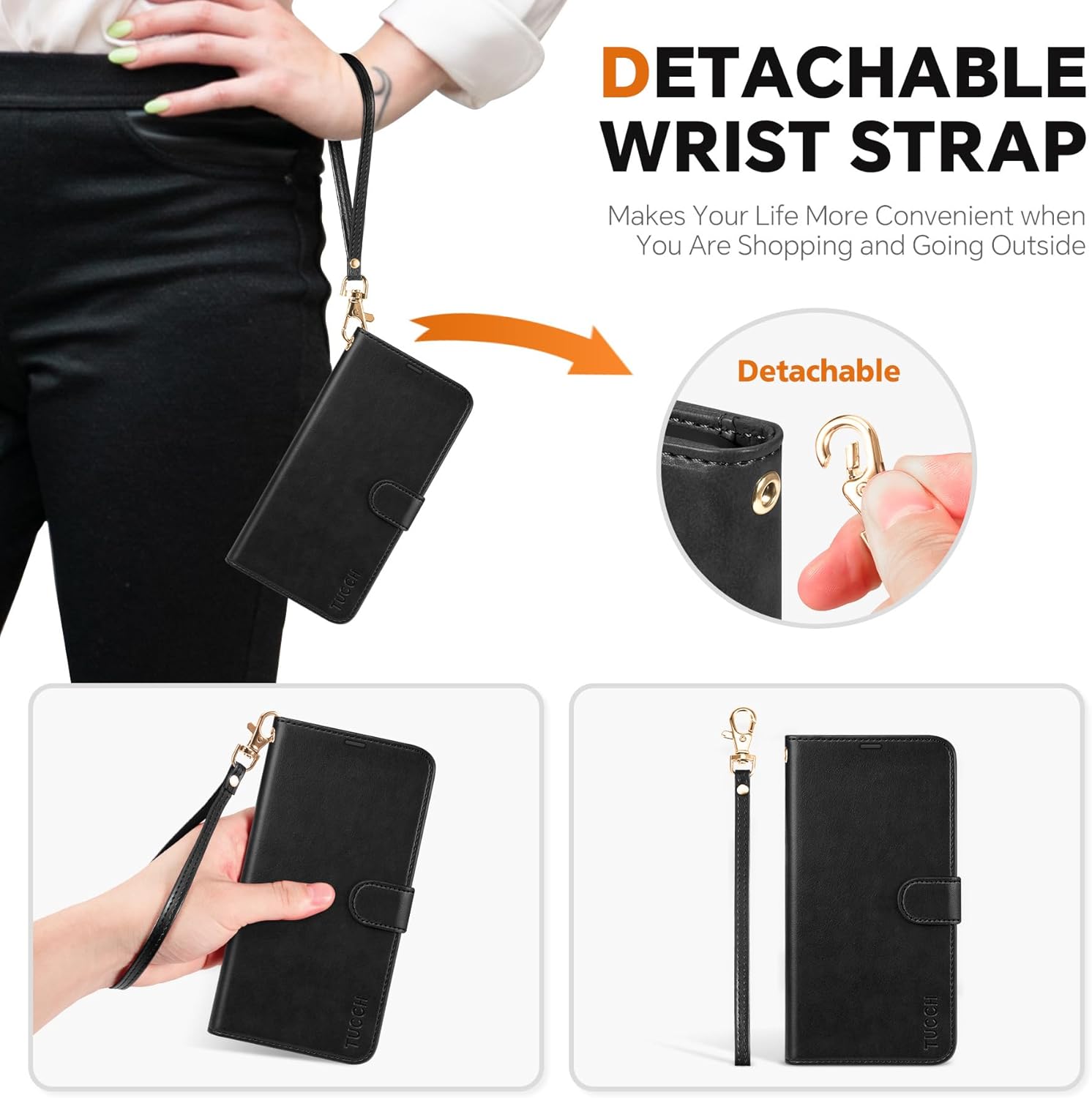 TUCCH Wallet Case for Galaxy S25 Ultra, Removable RFID Blocking [4 Card Slots] Wrist Strap Wireless Charging Kickstand PU Leather Magnetic Detachable Protective Cover for Galaxy S25 Ultra 6.9", Black