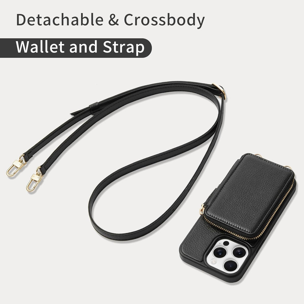 ZVE for iPhone 15 Pro Wallet Case, Crossbody Phone Purse with Card Holder for Women, Zipper Leather RFID Blocking Carrying Cover with Wrist Strap for iPhone 15 Pro 6.1 inch- Black
