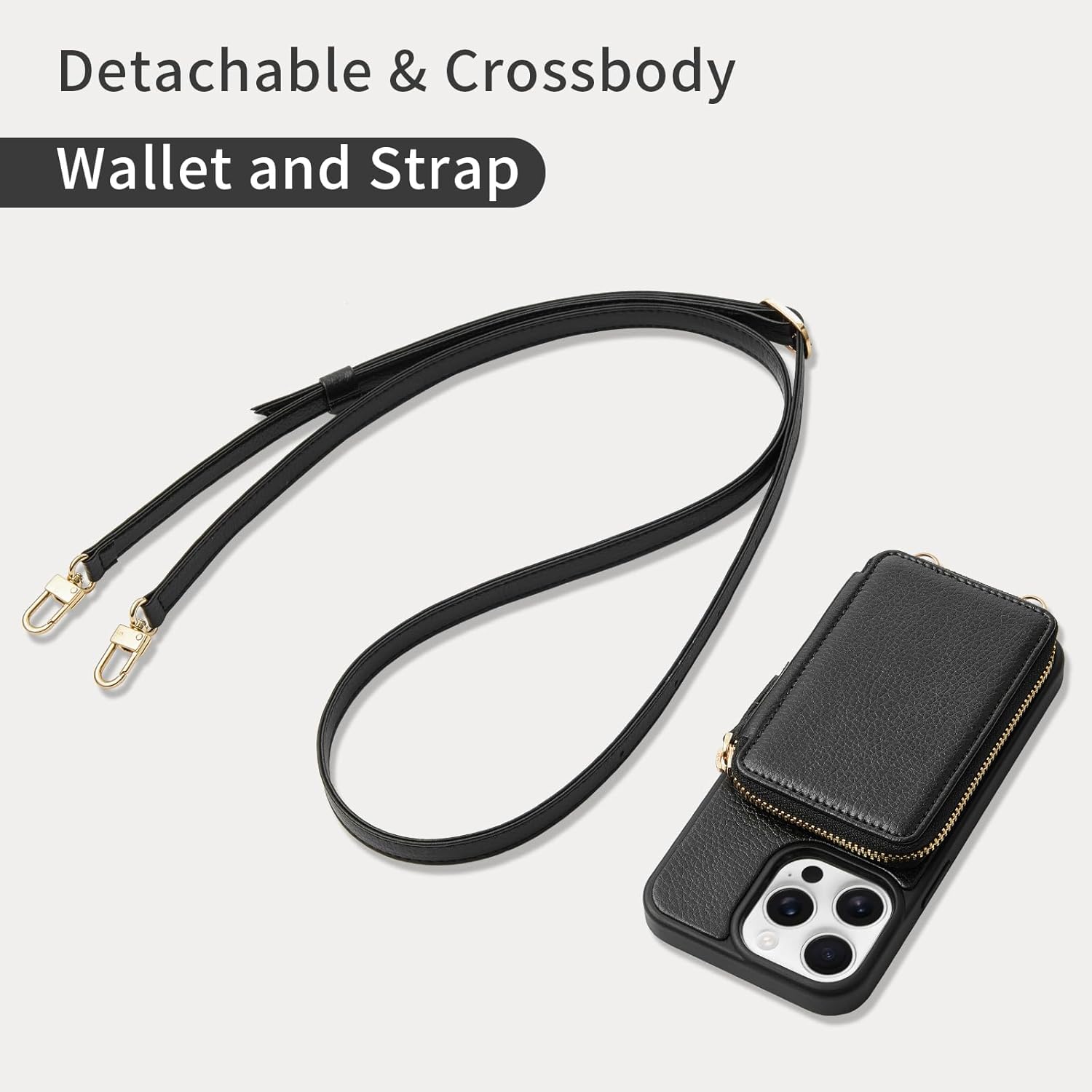 ZVE for iPhone 15 Pro Wallet Case, Crossbody Phone Purse with Card Holder for Women, Zipper Leather RFID Blocking Carrying Cover with Wrist Strap for iPhone 15 Pro 6.1 inch- Black