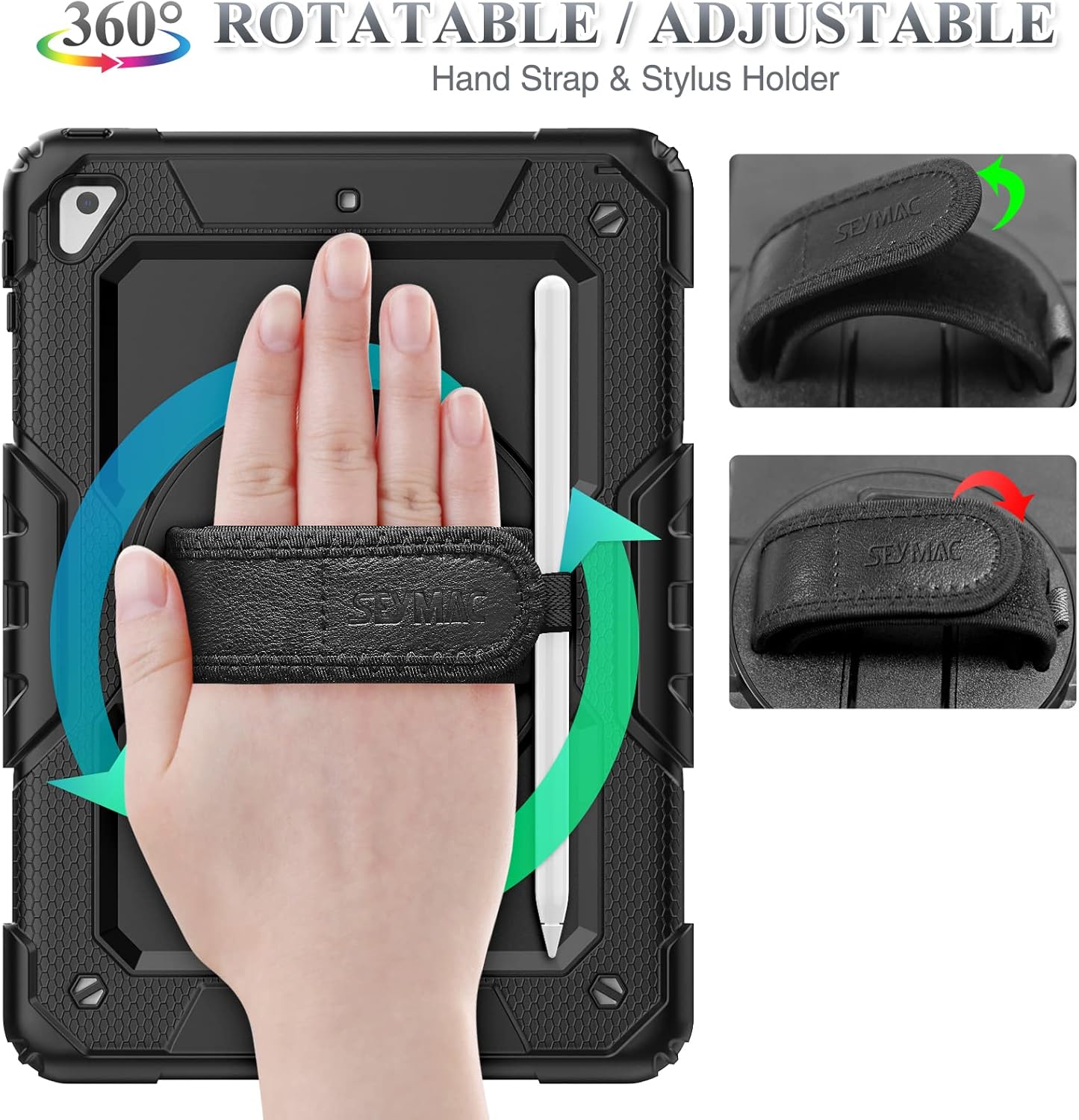 SEYMAC stock Case for iPad 6th / 5th Generation Case/Air 2 / Pro 9.7 inch, Heavy Duty Protective with Screen Protector, with Pencil Holder, Hand Strap, Shoulder Strap, 360 Rotate Stand, Black