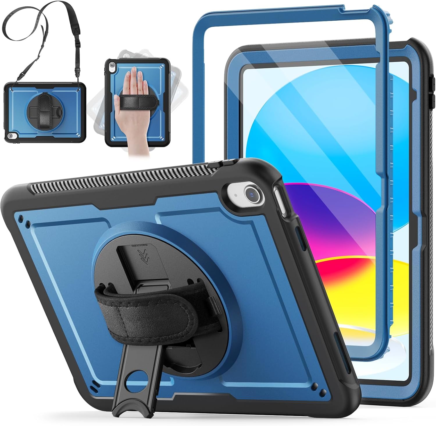 SCSVPN Case for iPad A16 11th Generation 11 Inch 2025/10th Gen 10.9'' 2022, Slim Hard Shockproof Protective Case with Screen Protector, Pencil Holder, Rotating Stand, Hand/Shoulder Strap - Navy Blue