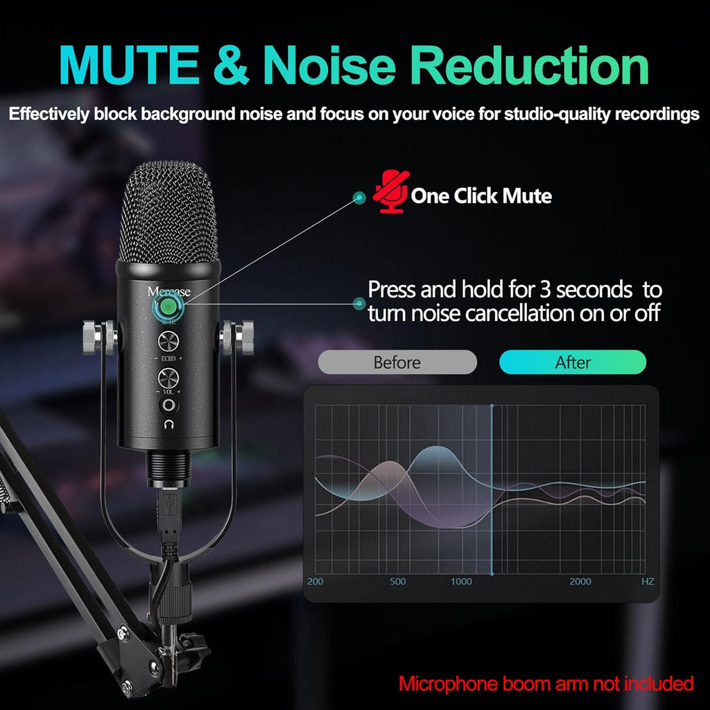 Mercase USB Condenser Microphone for PC, Mac, Phones, PS4/PS5 – Plug & Play Studio Mic with Mute Button & Noise Reduction – for Recording, Streaming, Podcasting, Gaming, Zoom, TikTok, YouTube