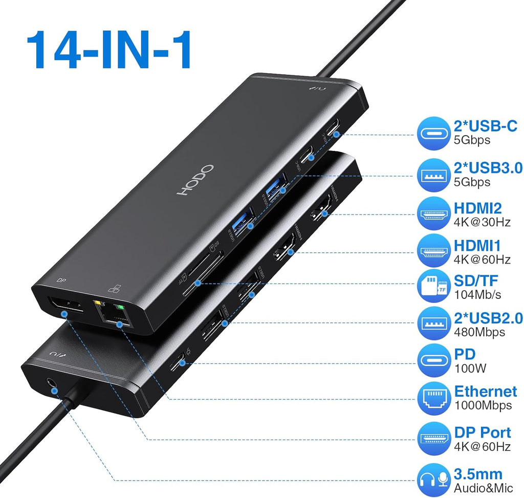 Dell HP USB C Docking Station - Dual/3 Monitor Triple Display, 2X HDMI 4K, DP, Ethernet, 6 USB, PD, SD/TF, Audio, Adapter 14 in 1 for Lenovo