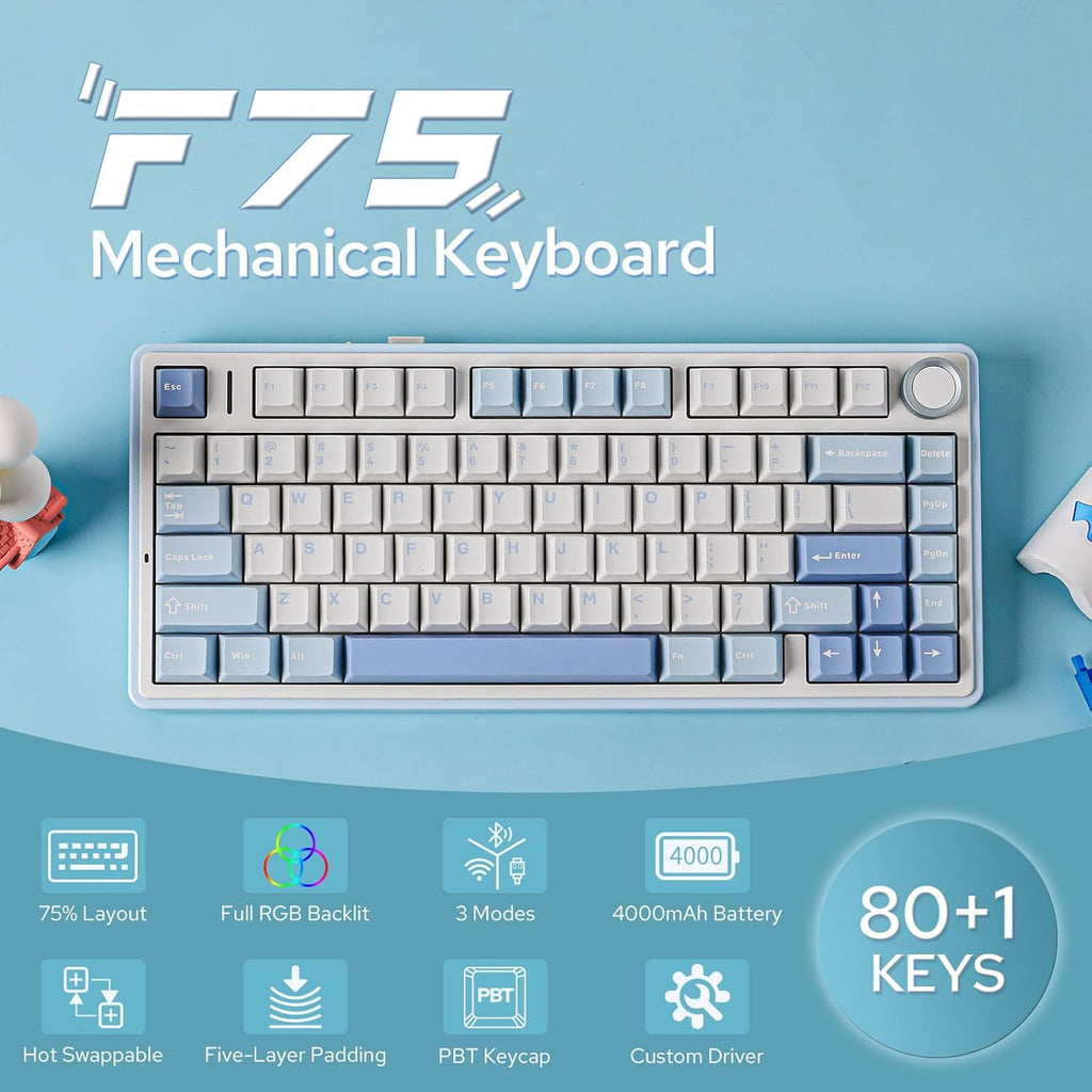 EPOMAKER x Aula F75 Gasket Mechanical Keyboard, 75% Wireless Hot Swappable Gaming Keyboard with Five-Layer Padding&Knob, Bluetooth/2.4GHz/USB-C, RGB (Sea Salt Blue, Ice Vein Switch)