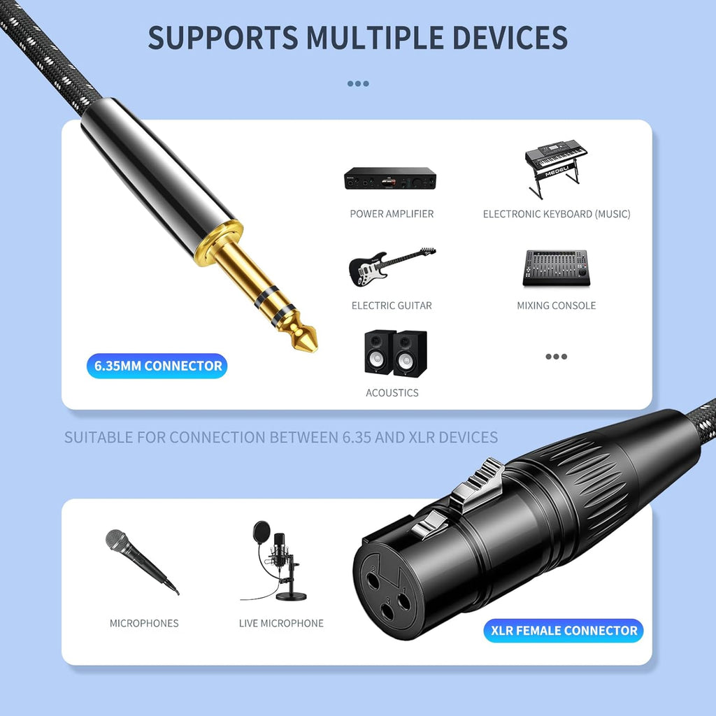Kumiho XLR Female to 1/4 Inch 6.35mm TRS Stereo Cable Hi-Fi Balanced Bi-Shielded Interconnect Patch Cables for Microphones, Amplifiers, Mixers, Speakers 10FT