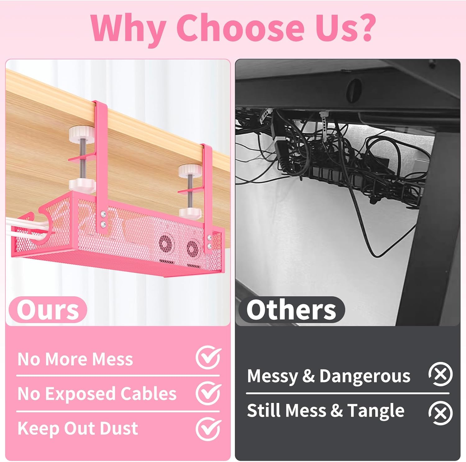 Under Desk Cable Management Tray Black, No Drill Desk Cable Wire Management Organizer with Clamp, PC Cord Organizer Accessories & Workspace for Office, Home（Pink）
