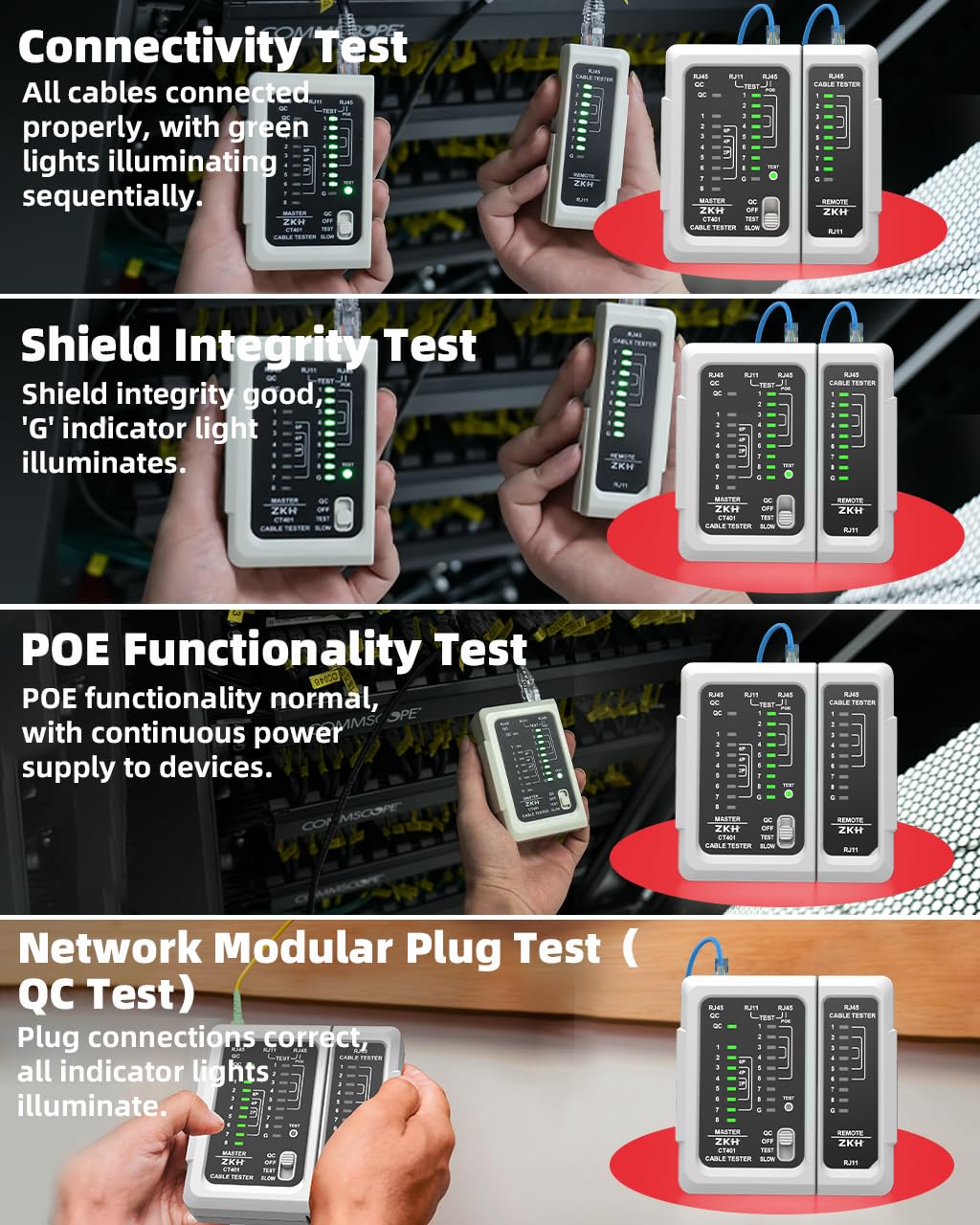 ZKH RJ45 Network Cable Tester, LAN & TEL Continuity Tester, Ethernet Cable Tester for RJ45, RJ11, RJ12, CAT5, CAT6, POE Test UTP/STP Shielded Ethernet Wires Test Tool