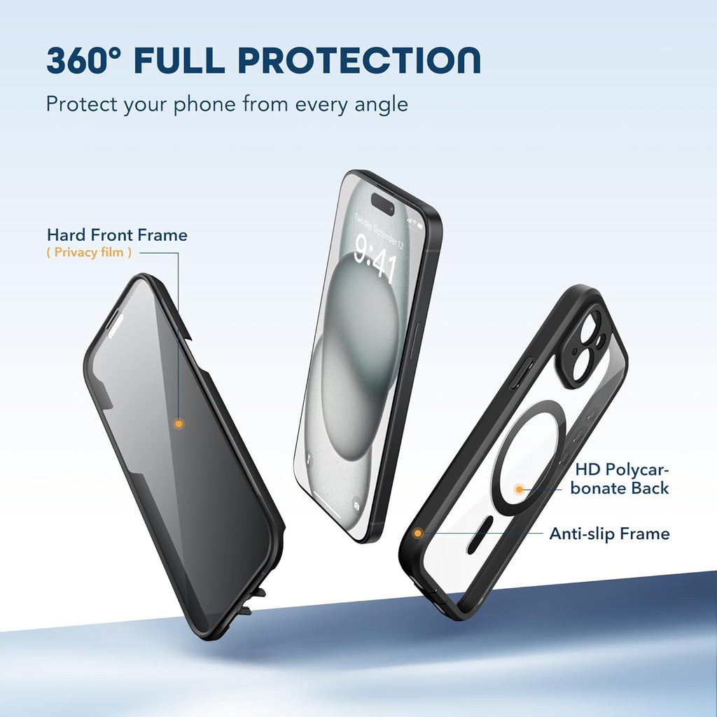 Magnetic for iPhone 15 Case, Compatible with MagSafe, Built-in Privacy Screen Protector and Camera Protection, Anti Spy Full Body Dustproof Shockproof Hard Phone Case 6.1", Black