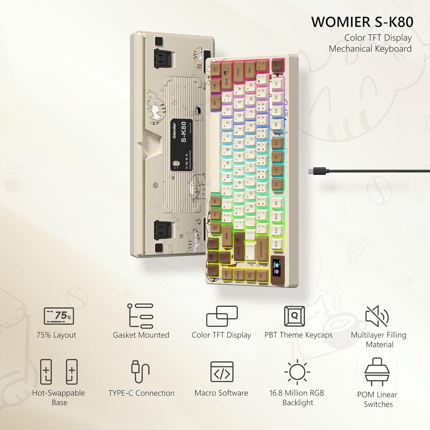 Womier SK80 Retro 75% Keyboard with Color Multimedia Display Mechanical Gaming Keyboard, Hot Swappable Gasket Mount RGB Custom Key Board, Pre-lubed Stabilizer for Mac/Win,Coffee Cat