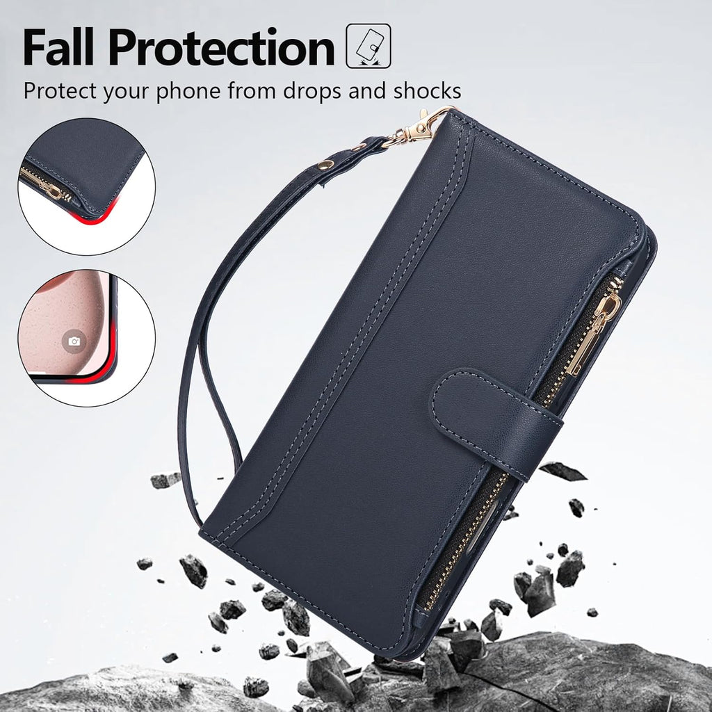 Compatible with iPhone 12 Pro Max Wallet Phone Case-PU Leather Magnetic Flip Cover with Credit Card Slots,Zipper Pocket & Detachable Wrist Strap,Shockproof Design,for Women and Men-Navy Blue
