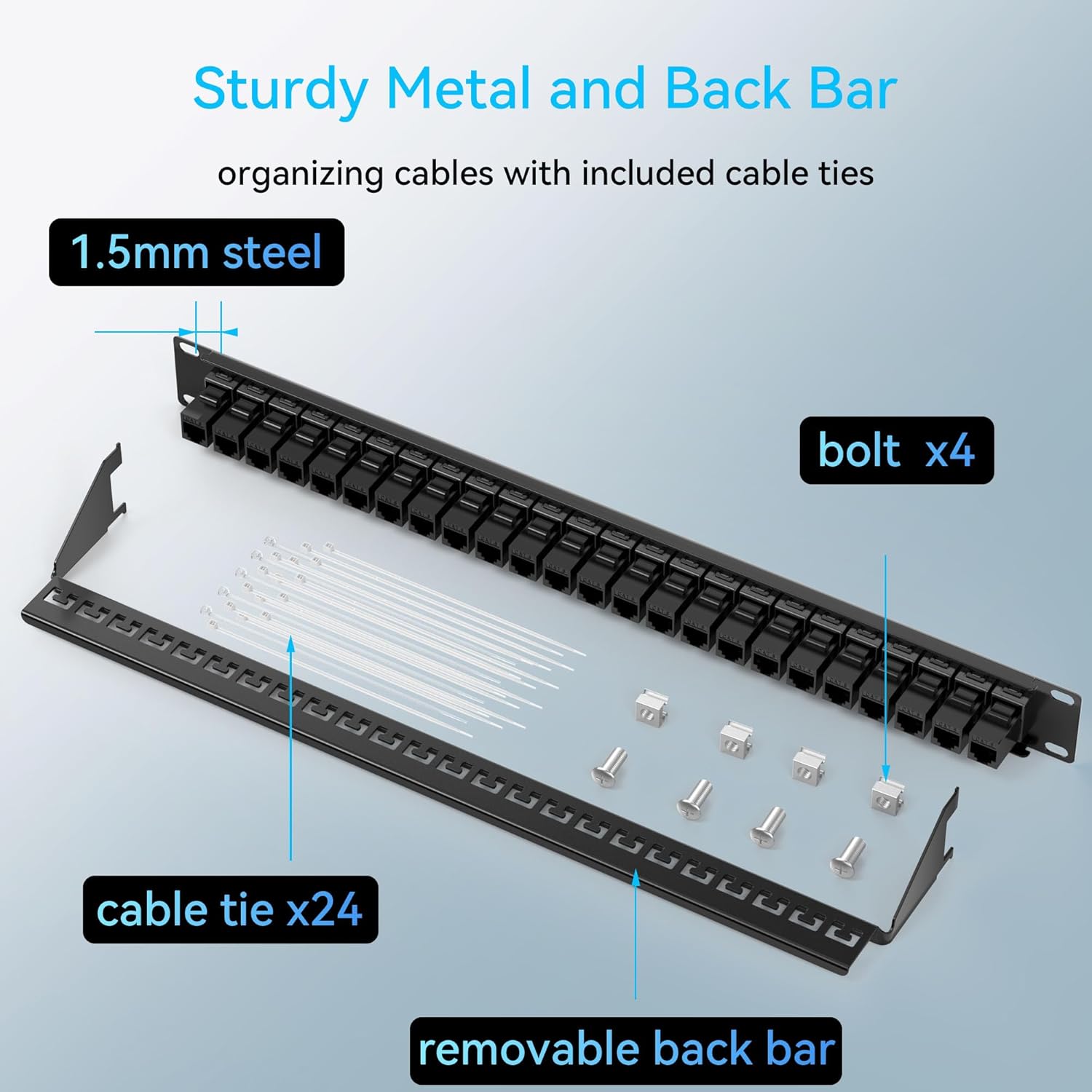Patch Panel 24 Port Cat6 with Coupler Keystone, Cat6 Network Patch Panel 10G No Punch Down, Time-Saver Ethernet 1U Rj45 Panel with Sturdy Back Bar, 19 Inch Coupler Network Panel