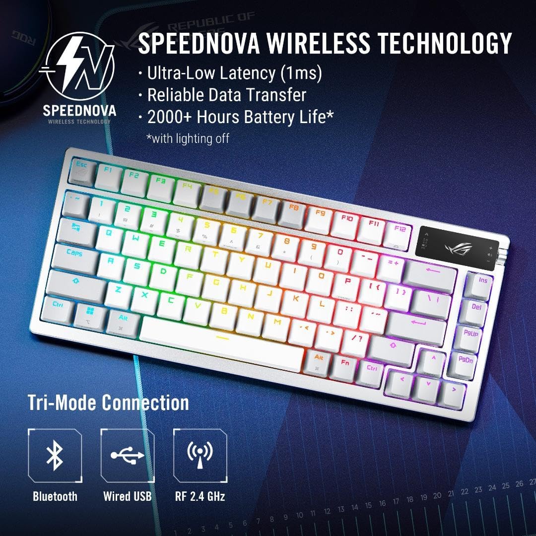 ASUS ROG Azoth 75 Wireless DIY Custom Gaming Keyboard, OLED display, Gasket-Mount, Three-Layer Dampening, Hot-Swappable Pre-lubed ROG NX Brown Switches & Keyboard Stabilizers, PBT Keycaps, RGB - White
