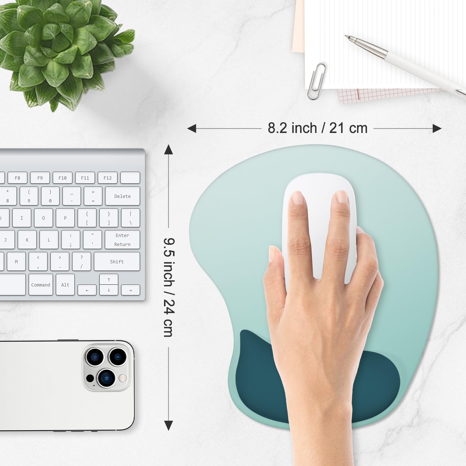 ITNRSIIET Ergonomic Mouse Pad, Cushioned Gel Wrist Rest, Non-Slip Base, Smooth Surface, Cute Multi-Color, 9.5 x 8.2 in, Light Green to White