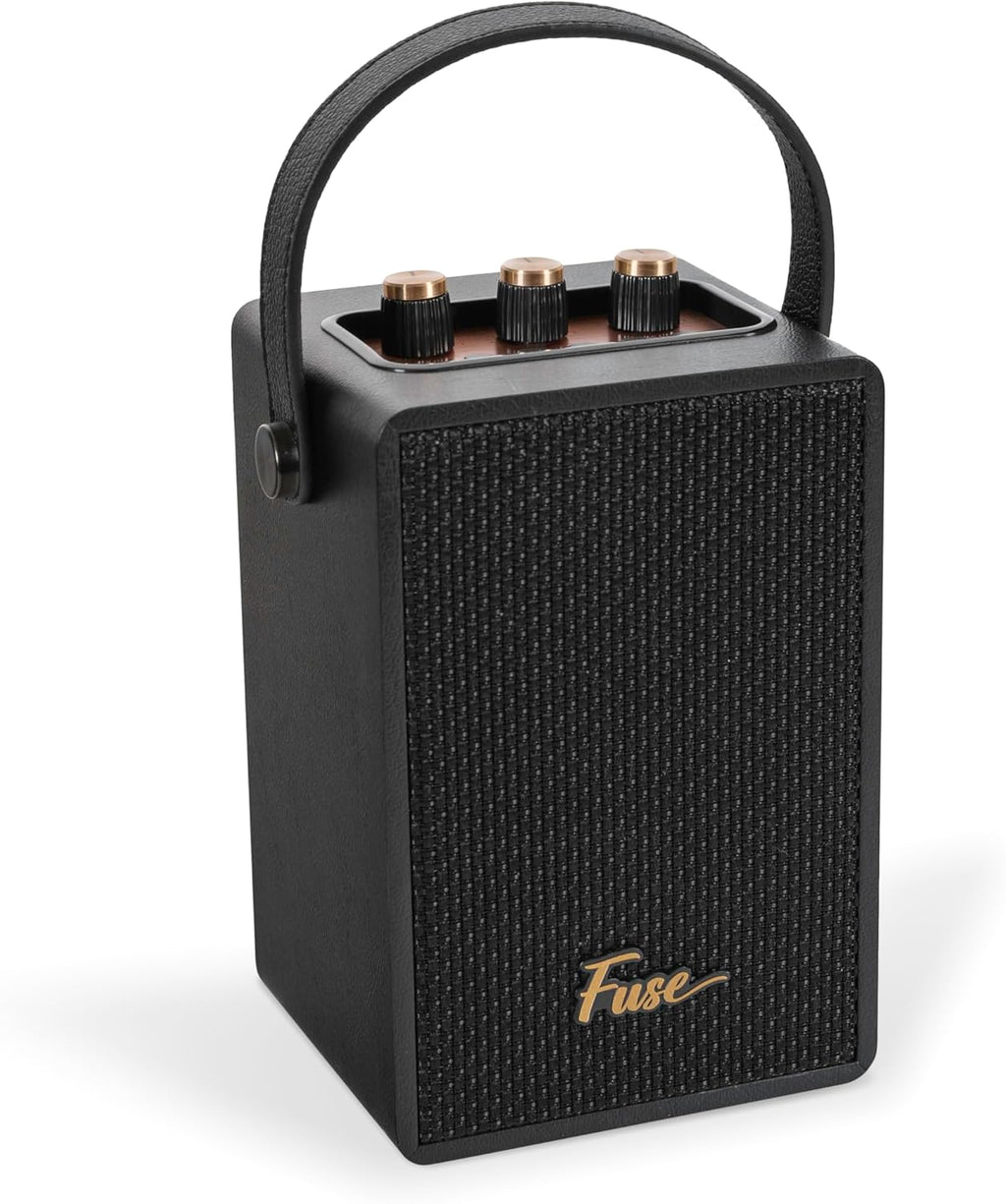 Fuse Andle Vintage Retro Bluetooth Speaker with Vegan Leather Handle | Portable Speaker with Smartphone Connection | USB & AUX Input | Stylish Black Wood Exterior