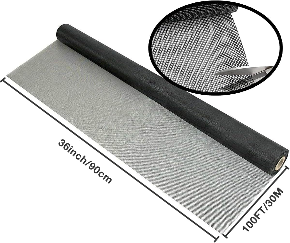 36inch*100ft Window Screens Roll, Replacement Repair Screens Mesh, Cuttable Fiberglass Screens Door Netting, DIY Screening Mesh Netting for Windows, Door, Pool, Porch,Patio -Black