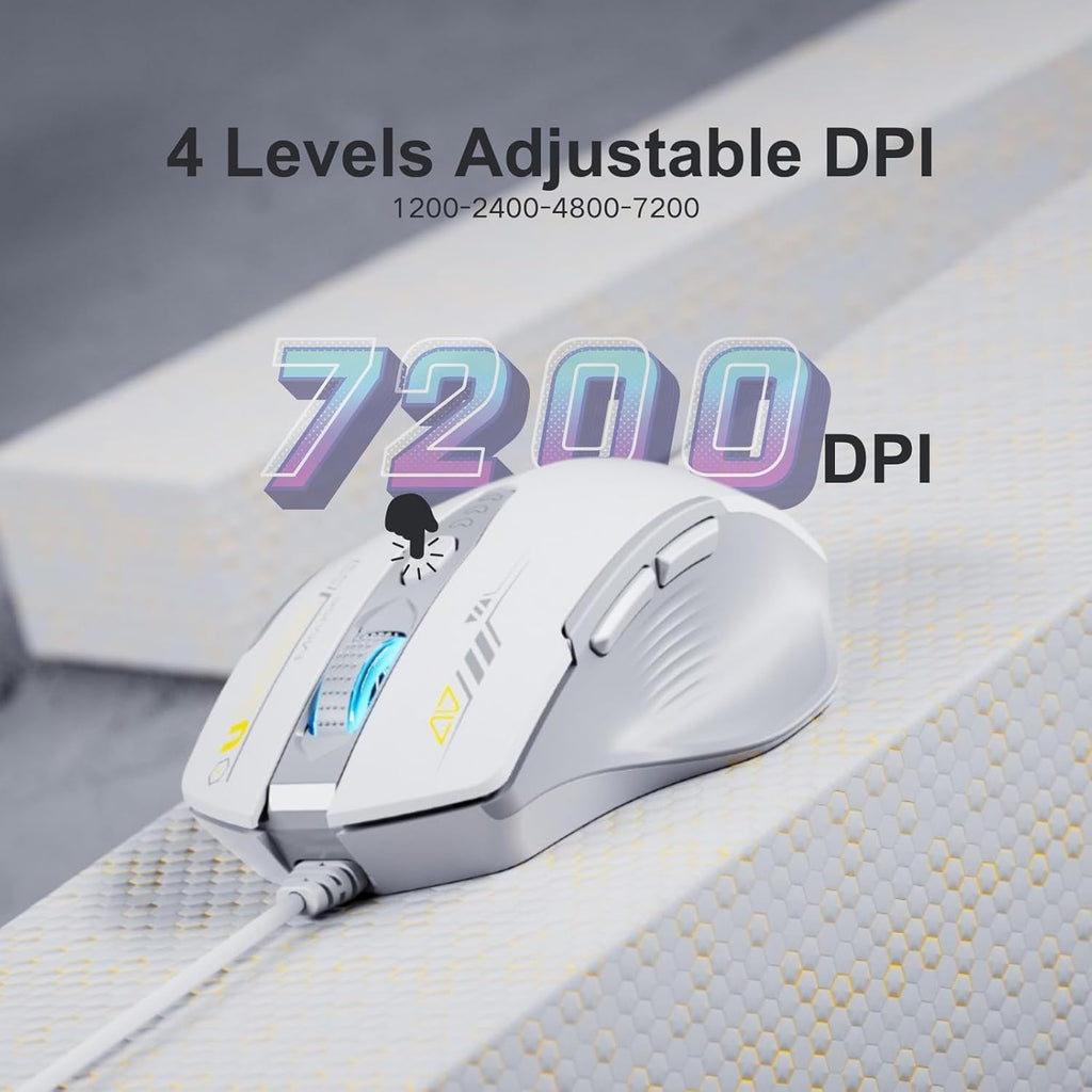 Wired Mouse, 4 Levels Adjustable DPI, 6 Programmable Buttons, Ergonomic Computer Wired Mouse for PC Laptop Computer for Working and Gaming - Plug & Play (White)