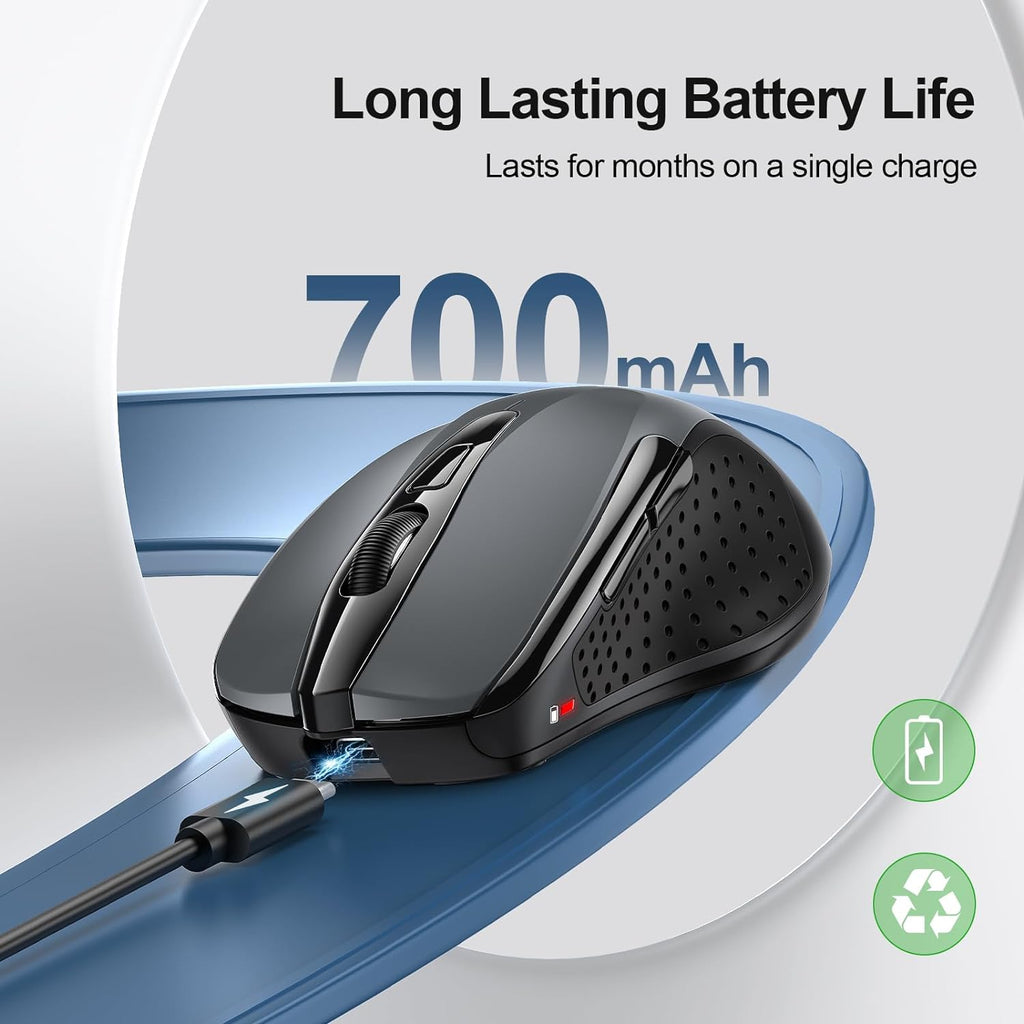 TECKNET Wireless Mouse Rechargeable, 2.4G USB-A Silent Mouse, Quiet Click, 6 Adjustable 4800 DPI, Cordless Computer Mouse, Ergonomic Mouse for Laptop, 6 Buttons Mouse for Chromebook, Ergo Grip
