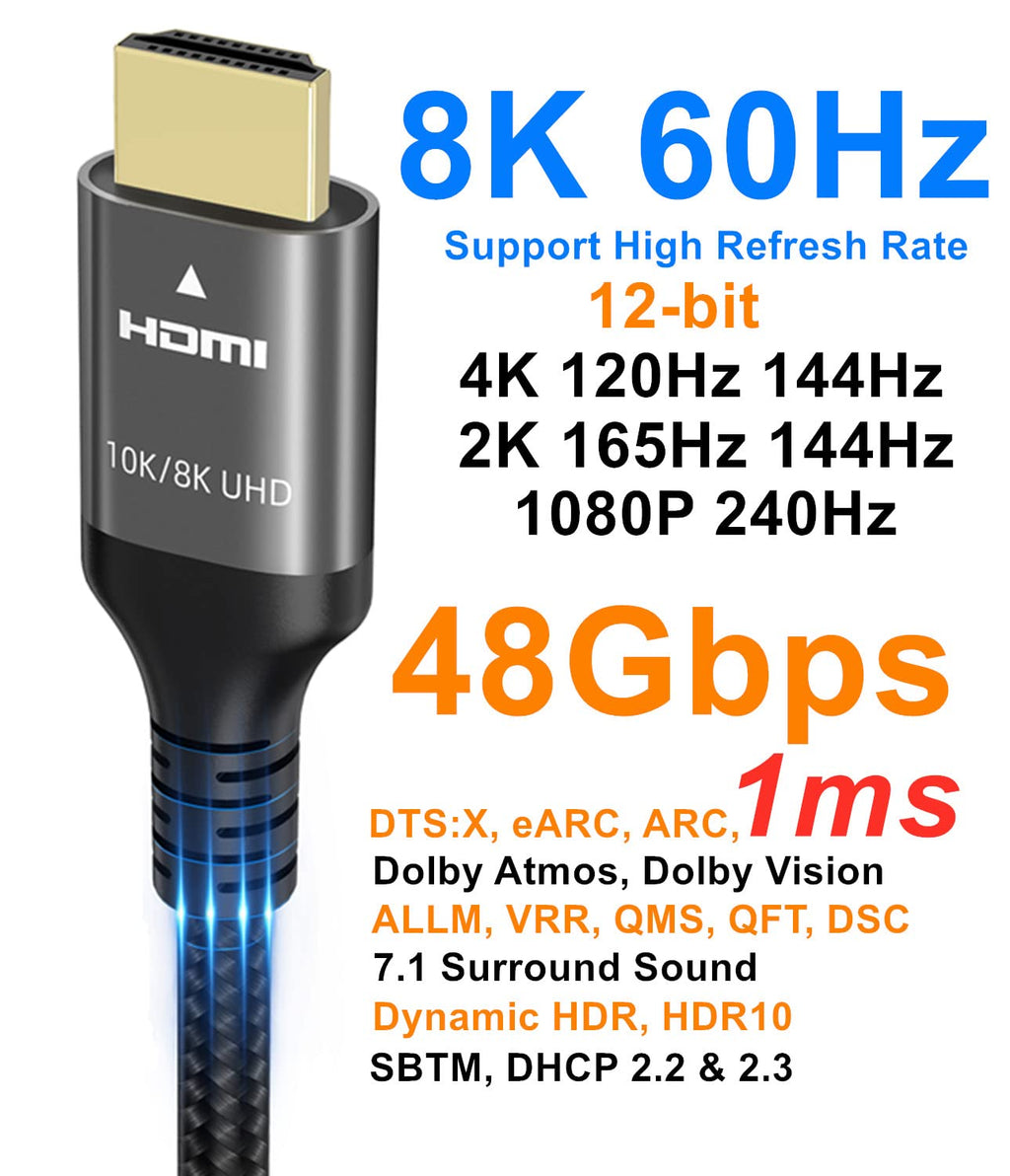 10K 8K 4K HDMI Cable 48Gbps 5 FT, Certified Ultra High Speed HDMI® Cable 4K 240Hz 144Hz 120Hz 8K60Hz 0.01ms HDR10+ eARC HDCP2.3 Netflix Roku TV PC Monitor Projector PS5 Xbox