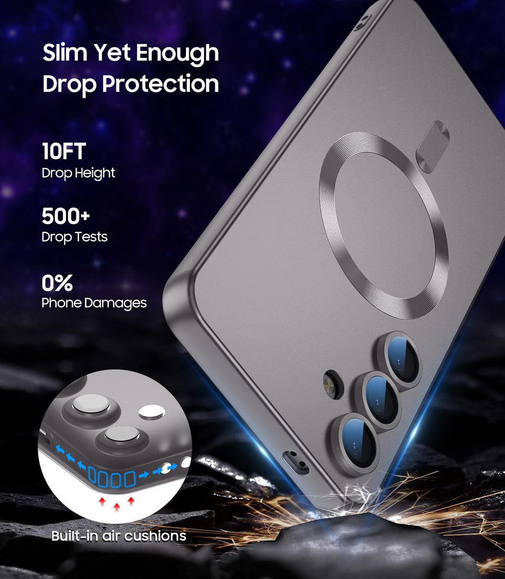 Magnetic for Samsung Galaxy S24 Case [Compatible with MagSafe][Built-in Camera Lens Protector] Slim Soft Silicone Bumper Shockproof Metallic Luster Phone Case (Gray)