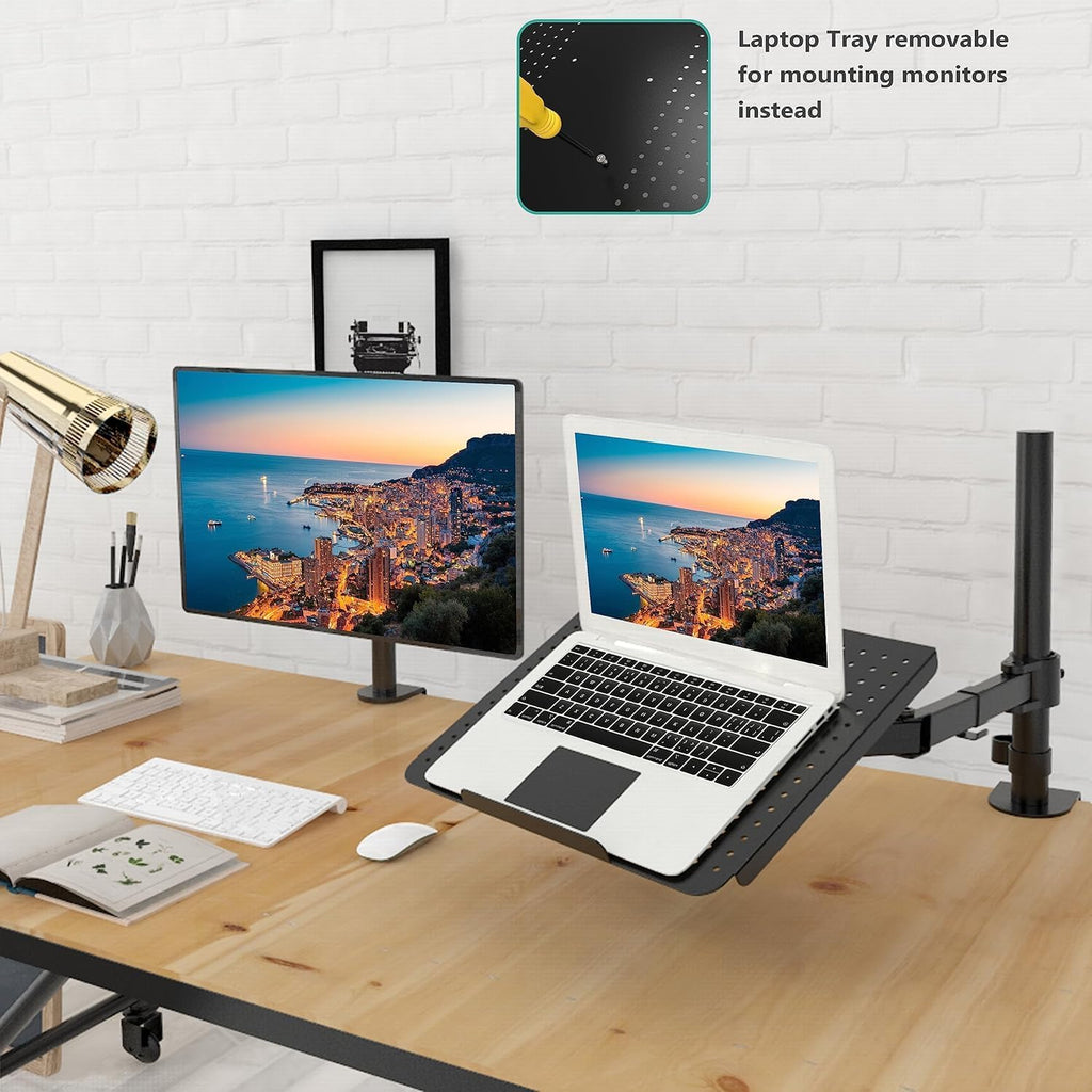 WALI Laptop Tray Desk Mount for 17inch Notebook, Fully Adjustable Laptop Arm up to 22lbs, Monitor Mount with Vented Cooling Platform Stand (M00LP), Black