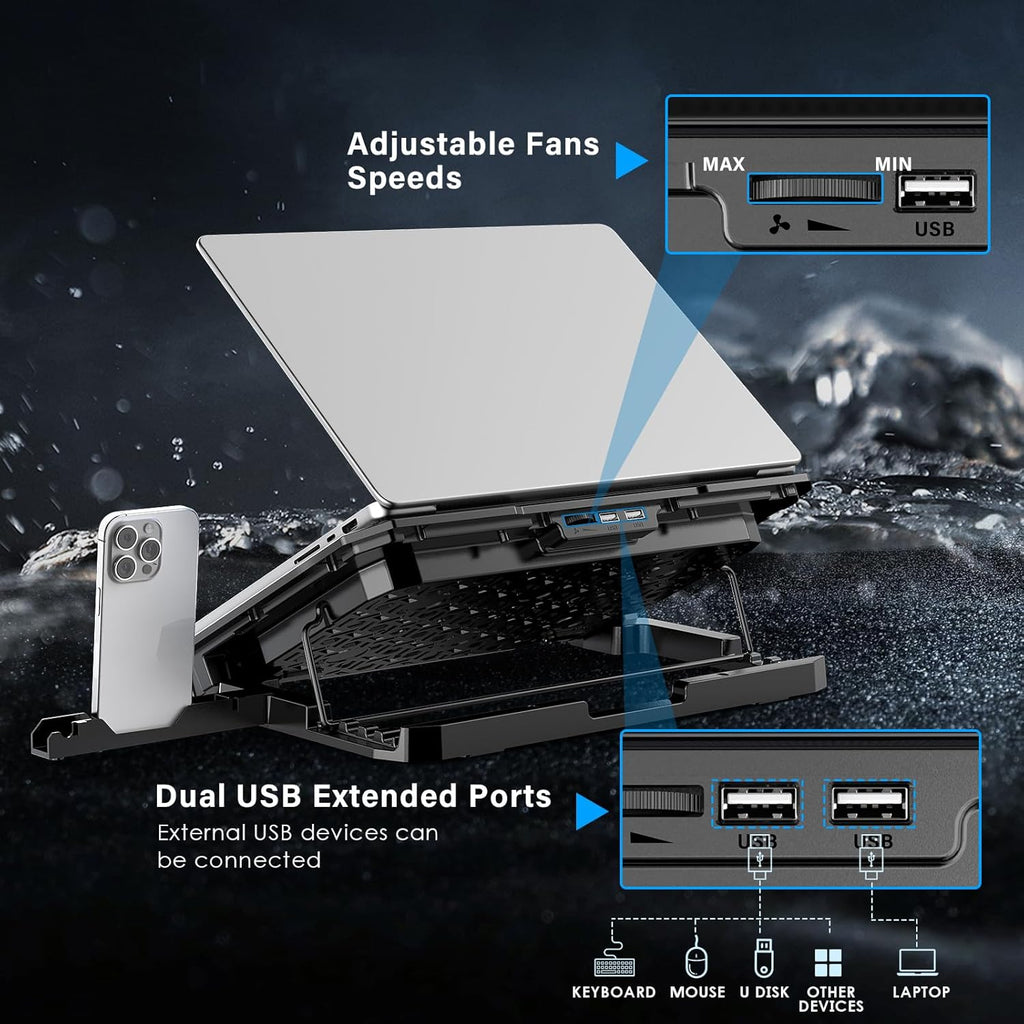 Laptop Cooling Pad, Laptop Cooler 6 Quiet Fans for 12"-17" Laptops, Laptop Cooler Stand with Phone Stand, Gaming Laptop Fan Cooling Pad Slim Portable USB Powered with 5 Angle Adjustable, 2 USB Ports