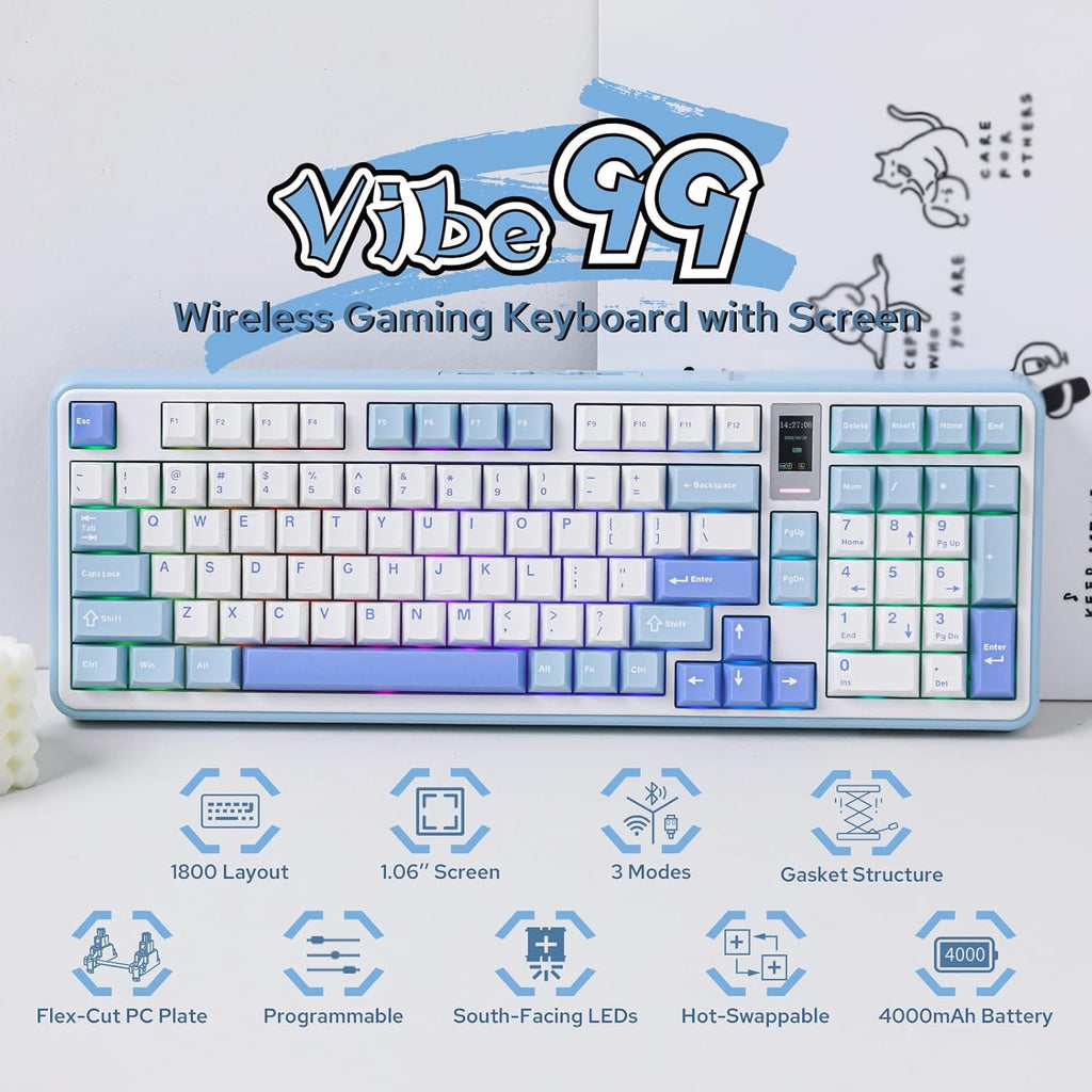Vibe99 Wireless Gaming Keyboard with 1.06'' Screen, 96% Hot Swappable Creamy Mechanical Keyboard with Gasket Structure, BT5.0/2.4GHz/USB-C, 5-Layer Padding, RGB, NKRO for Win/Mac (Blue)