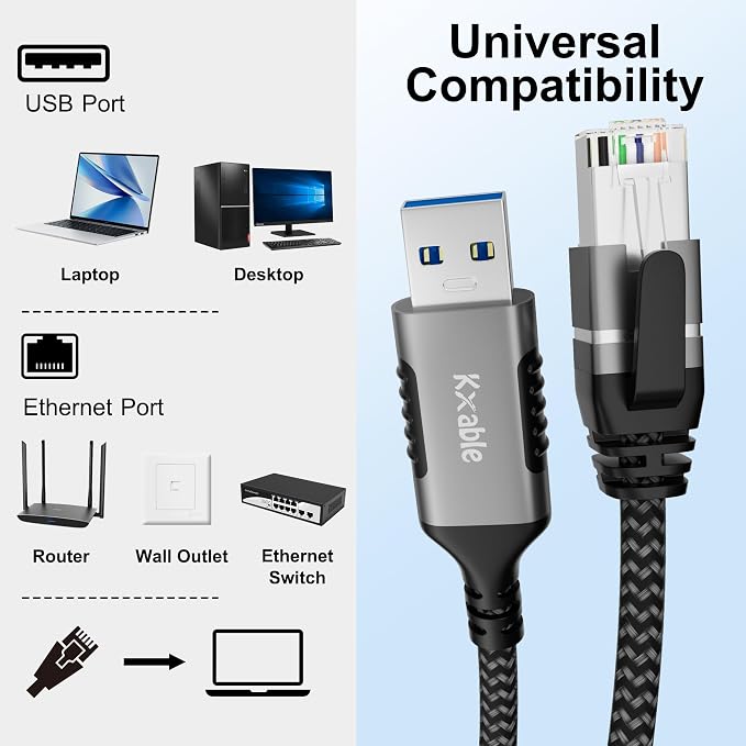 USB to Ethernet Cable 8 FT, 3.0 A Male to RJ45 Male Cord, Directly Connected - Image 6