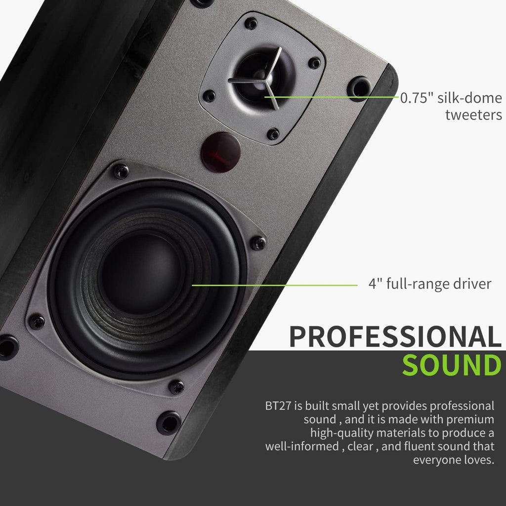SINGING WOOD BT27 Active Powered Bluetooth Bookshelf Speakers for Studio Monitor TV Turntable Computer- 60 Watts RMS - Wood Grain Finish (Black)