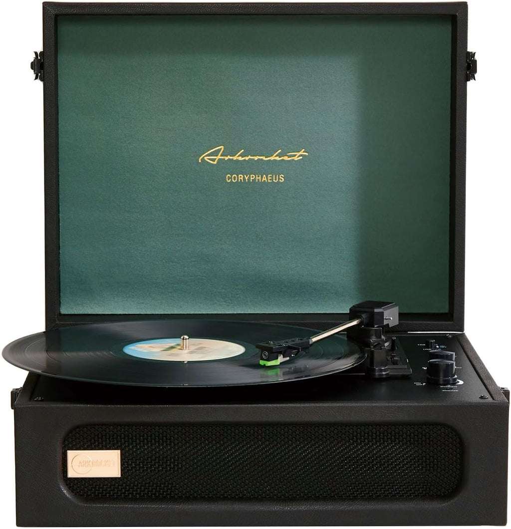 Arkrocket Coryphaeus Vinyl Record Player 3-Speed Bluetooth Input and Output Built-in Speakers with Magnetic Cartridge Auto Off (Black Green)