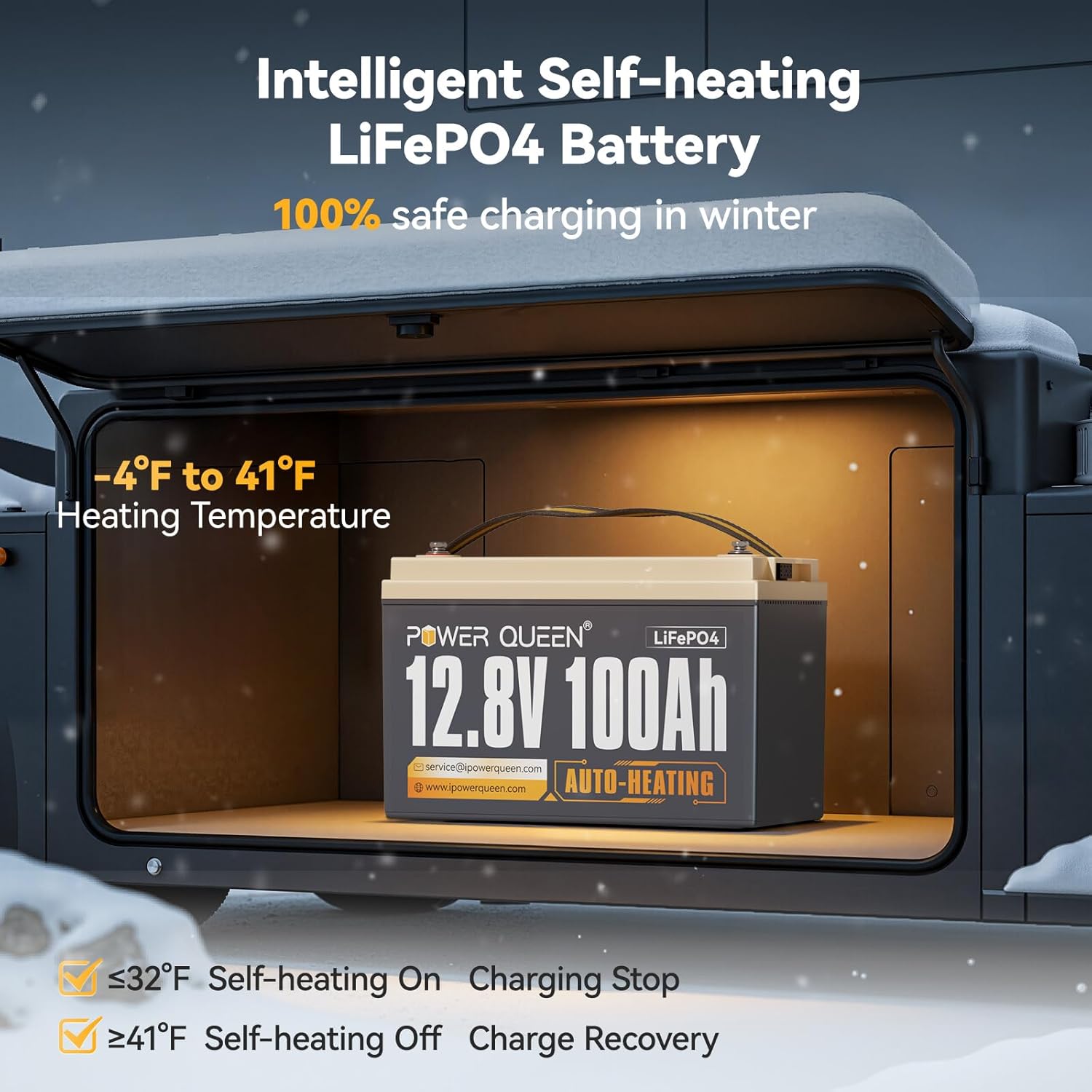 Power Queen Upgraded 12.8V 100Ah Auto-Heating Lithium Battery, Built-in 100A BMS, Low Temp Protection, Charging -4°F/-20°C, LiFePO4 Battery Up to 15000+ Cycles for RV, Off-Grid System, Trolling Motor