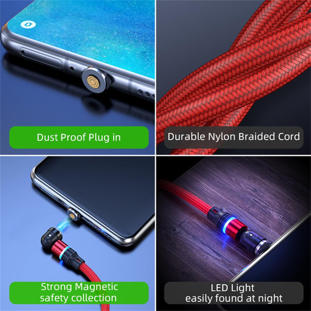 Magnetic Charging Cable (6-Pack,1.6+3.3+3.3+6.6+6.6+10ft) 540° Rotation Magnet Phone Charger USB C Cable 3A Fast Charging Magnetic Charger Cable with LED Light for Micro USB Type C Device