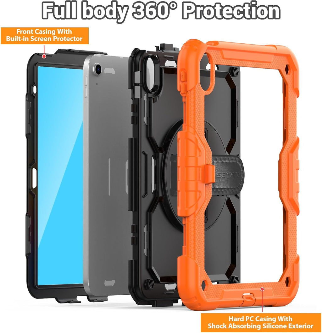 SEYMAC for iPad (A16) 11th/10th Generation Case 2025/2022 (11″/10.9″), Sturdy Heavy Duty Full-Body Shockproof Protective Case with Screen Protector, Rotating Stand, Hand/Shoulder Strap, Black/Orange