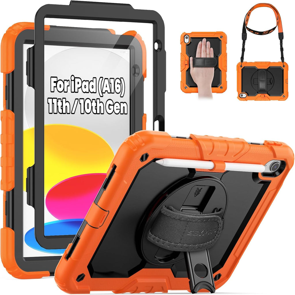 SEYMAC for iPad (A16) 11th/10th Generation Case 2025/2022 (11″/10.9″), Sturdy Heavy Duty Full-Body Shockproof Protective Case with Screen Protector, Rotating Stand, Hand/Shoulder Strap, Black/Orange