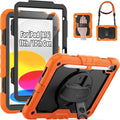 SEYMAC for iPad (A16) 11th/10th Generation Case 2025/2022 (11″/10.9″), Sturdy Heavy Duty Full-Body Shockproof Protective Case with Screen Protector, Rotating Stand, Hand/Shoulder Strap, Black/Orange