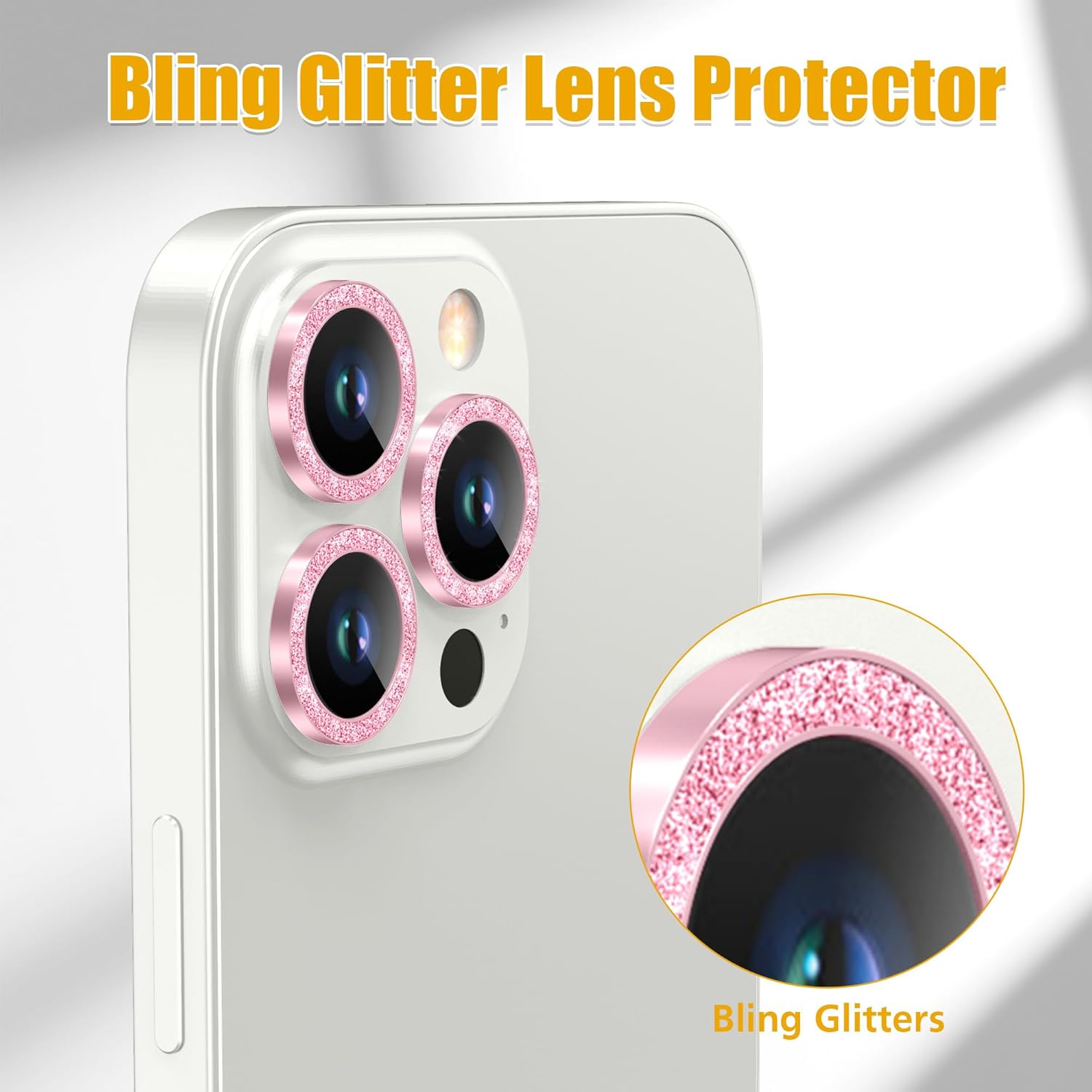 AGVEE 3+3 6 Pack for iPhone 13 Pro 6.1" / 13 Pro Max 6.7" Camera Lens Cover Protector, Bling Diamond & Bling Glitter Metal Ring 9H Tempered HD Glass Camera Cover Protector Film, Bling-Pink