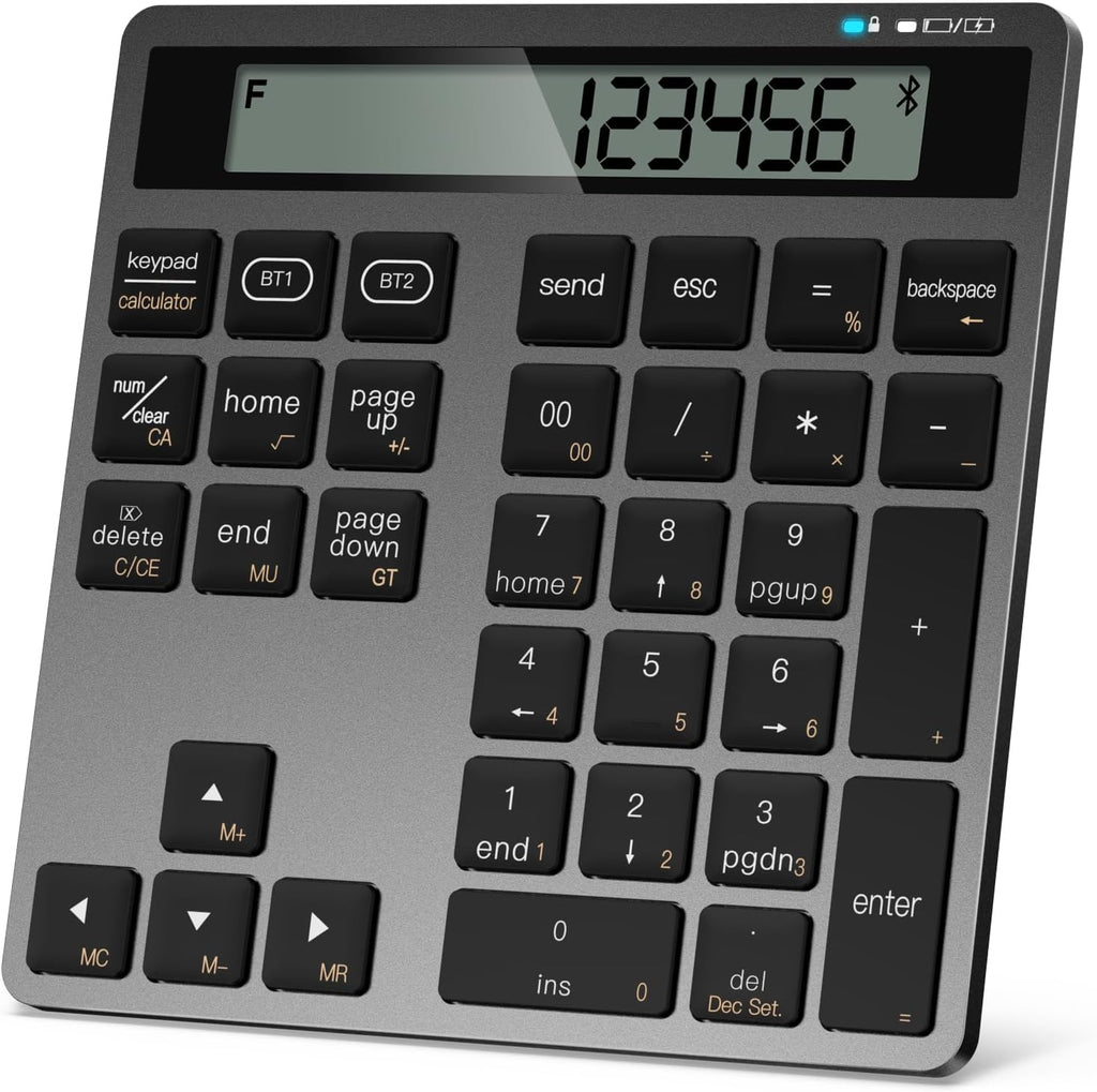 Rechargeable Wireless Number Pad for Laptop, 34 Keys Numeric Keypad with Dual Bluetooth & Display, 2-in-1 Numpad and Calculator, Slim Portable Number Pad Keyboard for Windows, Mac, PC, Tablet