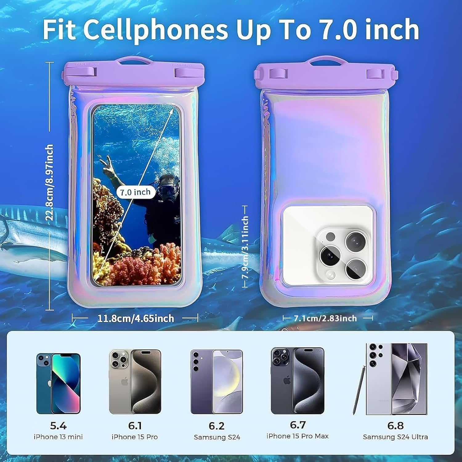 Floatable Waterproof Phone Pouch Case 2 Pax for iPhone 16 Pro Max/15/14/13/12, IP68 Travel Cellphone Dry Bag Beach Cruise Ship Essentials Bags with Crossbody Lanyard, Iridescent Purple and Black-7″