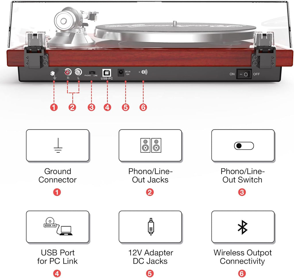 Record Player Turntables for Vinyl Record Belt-Drive Wireless Output Connectivity Phono Line Out USB Digital to PC Recording MM Audio Cartridge Stylus Counterweight Piano Shiny Classic Red