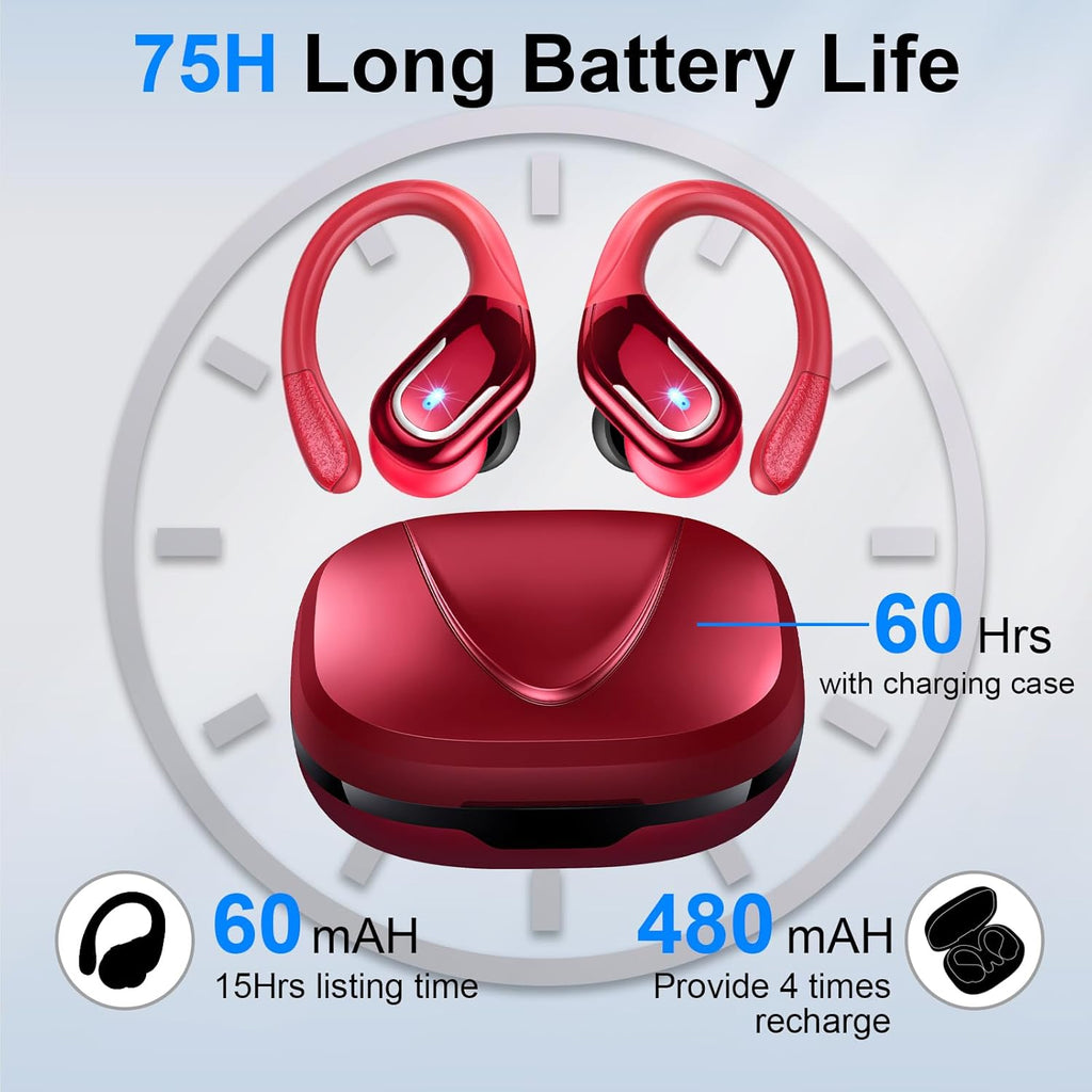 Ltinist Wireless Earbud, Bluetooh 5.4 Headphones Pure Bass Sound with Earhooks, 75H Battery in-Ear Sport Earbud with Dual-LED Display, IP7 Waterproof Earphones Built-in Microphone for Running, Red