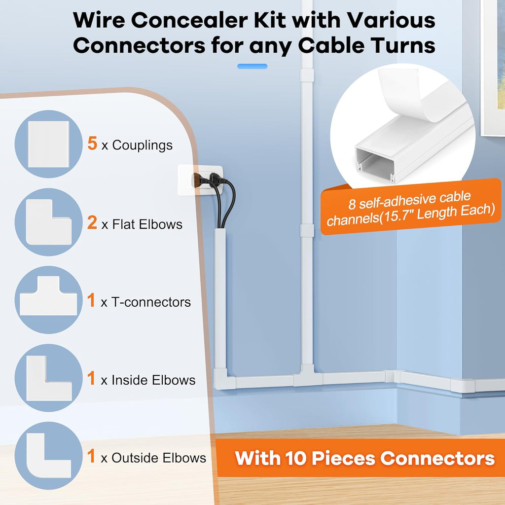 126in Cord Hider Kit, Wire Covers for TV on Wall, Paintable Cable Management Kit, Cable Cover for Mounted TV, Hide Wires Along Wall, Grey Cord Cover, 8xL15.7in W0.95in H0.55in