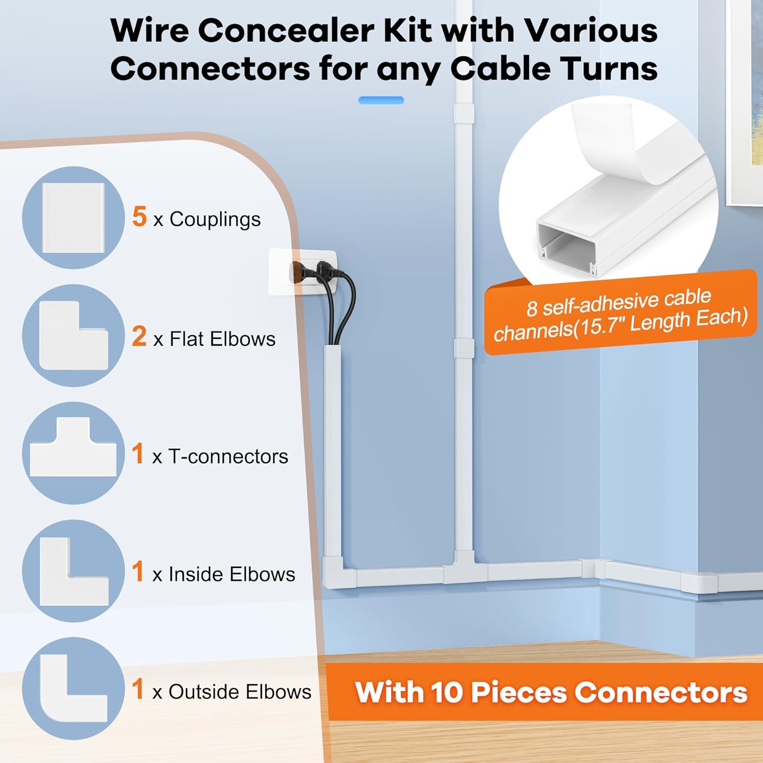126in Cord Hider Kit, Wire Covers for TV on Wall, Paintable Cable Management Kit, Cable Cover for Mounted TV, Hide Wires Along Wall, Grey Cord Cover, 8xL15.7in W0.95in H0.55in