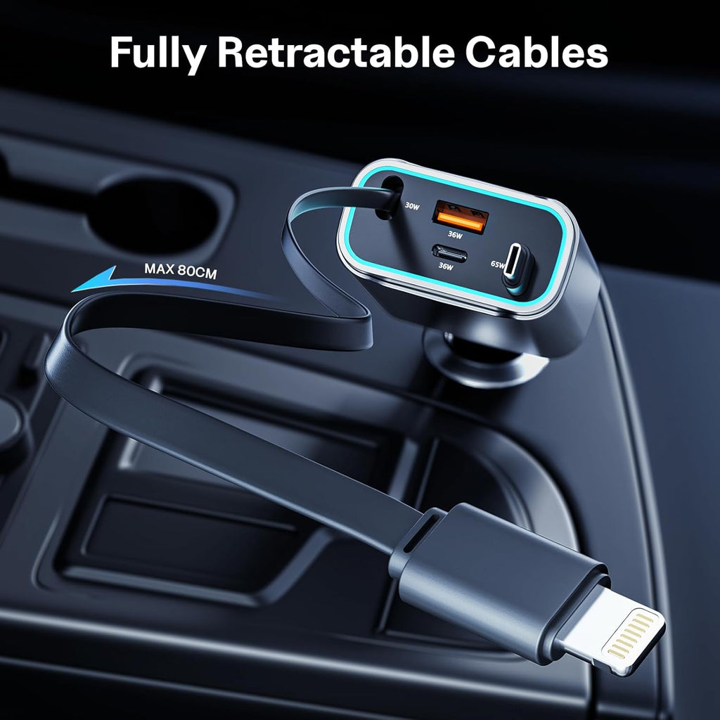 Retractable Car Charger USB C 131W 4-in-1 Fast Charging with 2 Retractable Cables Car Phone Charger Adapter for iPhone 16 15 14 13 Fast Charge Car Accessories, Gifts for Men Women