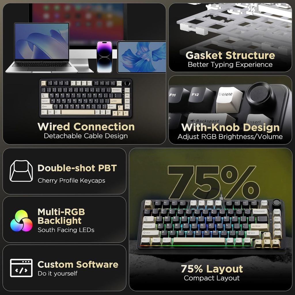 YUNZII B75 Mechanical Keyboard,75% Layout with Knob,Hot Swappable RGB Backlit Gasket Mounted, Creamy Typing, Double-Shot PBT Keycaps,Cherry Profile,for Win/Mac (Black, Milk V2 Linear Switch)