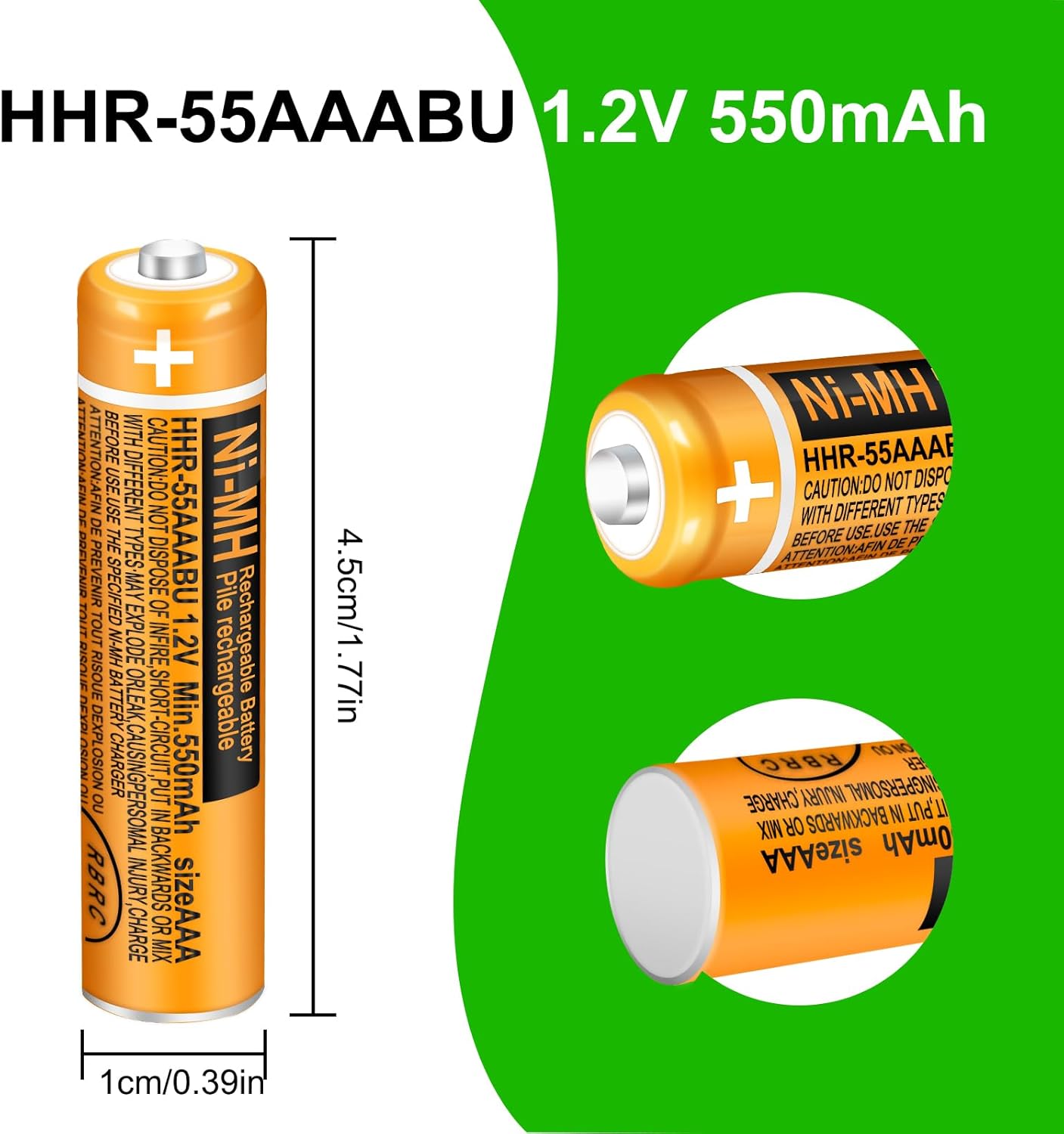 4 Pack HHR-55AAABU NI-MH Rechargeable Battery for Panasonic 1.2V 550mAh AAA Battery for Cordless Phones