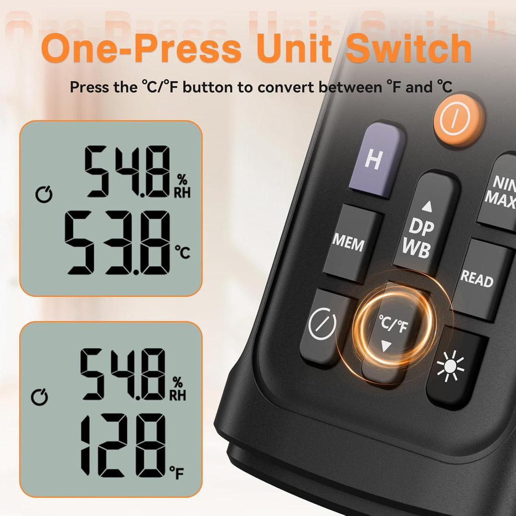 YT606 Temperature Humidity Meter High Precision Digital Hygrometer with Ambient, Relative Humidity, Dew Point, Wet Bulb Thermometer for Indoor Outdoor, Digital Thermometer Min/Max Hold, LCD Backlight